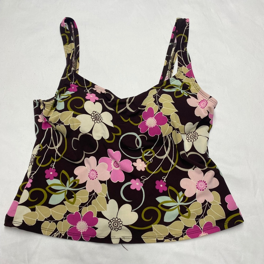 Catalina Womens Floral Tankini Swim Top Brown Pink Green Size L 12/14